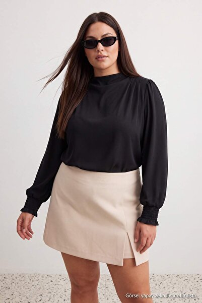 Trendyol Curve Black Black High Neck Regular Fit Gipe Detailed Stretch Knitte...