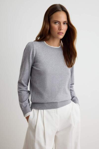 Trendyol Collection Gray Double Collar Detailed Soft Textured Knitwear Sweate...