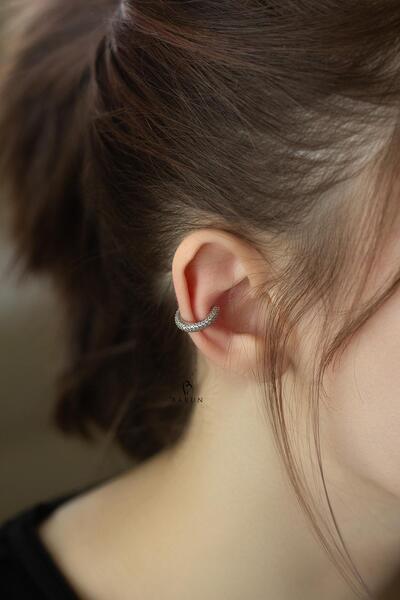 BY BARUN SİLVER Kıkırdak Earcuff Halka 925 Ayar Zirkon Taşlı Beyaz Silver Sık...