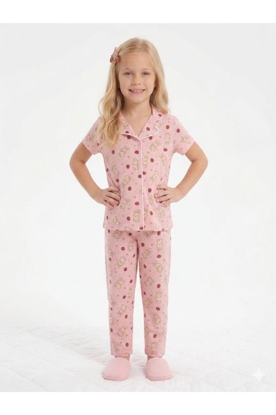 SERRASTIL Girl's Rabbit Patterned Pink Color Cotton Short Sleeve Pajama Set