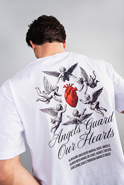 Sekizbiraltı Tricou alb unisex oversize cu imprimeu Angels Guard Our Hearts