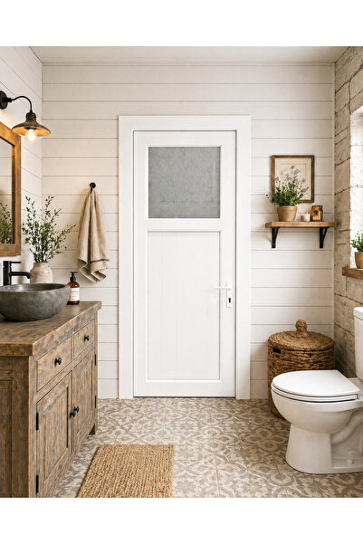 şekerdecorium PVC Beyaz Camlı WC ve Banyo Kapısı 75*200 – Suya Dayanıklı (Sağ...