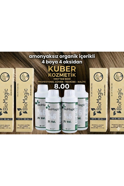 BIOMAGIC 8.00 Açık Kumral Organik İçerikli Amonyaksız Kalıcı Saç Boyası 4 Boy...