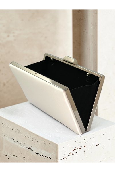 Biçanta Mother of Pearl Ecru Color Satin Bag Evening Dress Bag Evening Dress Bag with Silver Case Chain Wedding Engagement