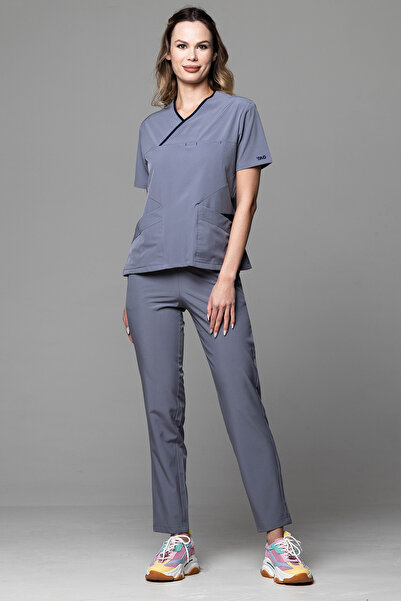 OEM Costum medical PREMIUM ONYX Premium pentru femei, gri cu bordură bleumarin