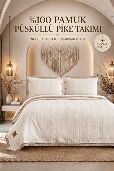 Larispera 100% Βαμβακερό Σετ Πικέ Διπλό με Φούντες και Υφή Βάφλας με Τελειώμα...