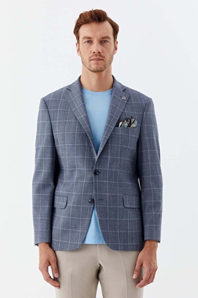 Sabri Özel Erkek Mavi Normal Kesim Regular Fit Mono Yaka 4 Drop Blazer Ceket