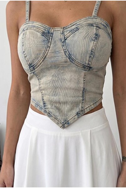 HerTon Denim Bustier Women's Strappy Crop Jean Top (Corset Style)
