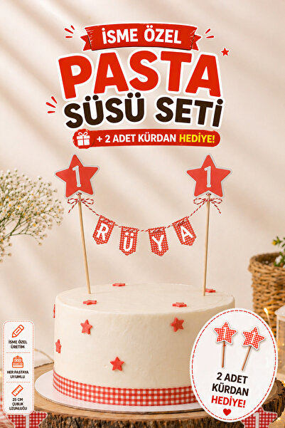 TOI SHOP Kişiye Özel İsimli ve Yaş Yazılı Pasta Süsü Banner ve Cupcake Kürdan...