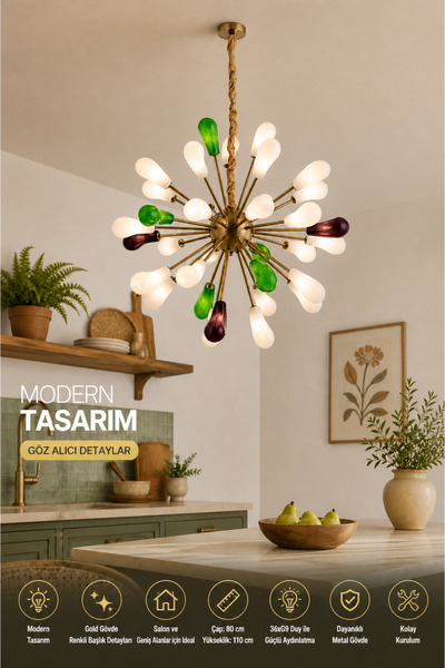 Elvora Home Modern (PREMİUM) 36’lı Avizesi Çok Kollu Sarkıt 80 cm Mutfak Salo...