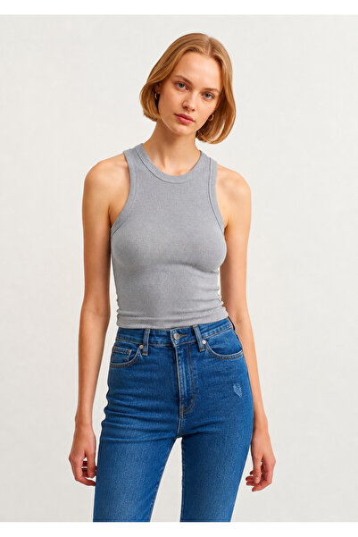GIFT by CA Kadın Gri Fitilli T-shirt Halter Yaka Örme Atlet Body Basics Kolsu...