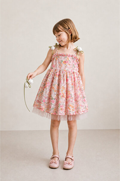 Tifina Kids Girl's Tulip Decorated Floral Tulle Lined Dress for Weddings, Hol...