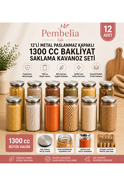 Kitchen Pembelia 12 Adet 1300 ml Vakumlu Metal Kapaklı Cam Bakliyat Erzak Sak...