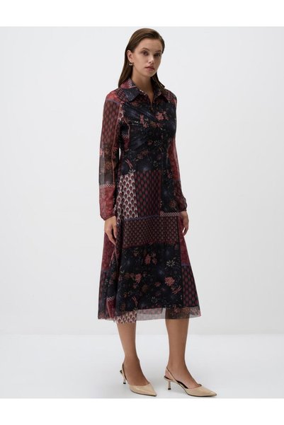 Jimmy Key Burgundy Print Shirt Collar Knitted Mesh Midi Dress