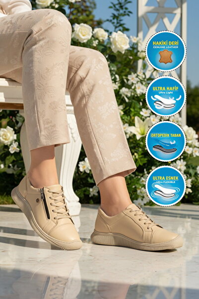 AYAKMOD Beige Genuine Leather Orthopedic Lightweight Flexible Comfortable Wom...