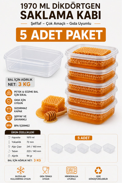 Aksaray Arıcılık Saklama Kapı Dikdörtgen - 1970 Ml (Bal İçin 3 Kg)