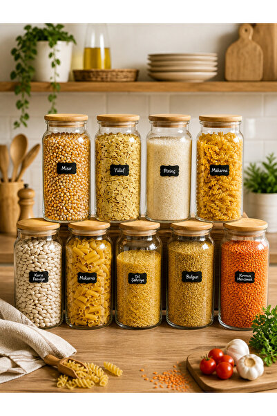 Karçiçeği Home 9-Piece Vacuum Glass Jar Set with Bamboo Lids – 1.3 Lt