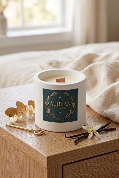 Aurean Vanilya Kokulu Ahşap Fitilli Dekoratif Mum – 8x8 cm - Soya Wax & Paraf...