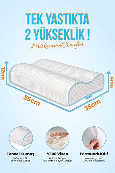Viscofoam Çift Taraflı Yüksek Boyun Destekli Ortopedik Yastık Visco Yastık - 55x35x12-11cm