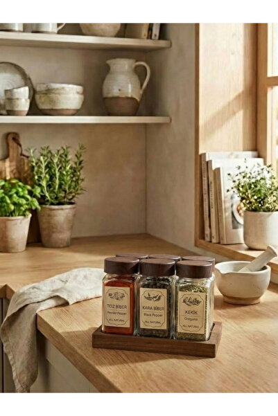 leelaHOME Set of 6 Square Spice Jars with Wooden Stand 140 ml - Dark Brown