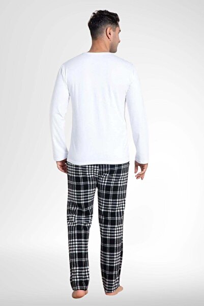 Mecit Pijama Mecit 3082 Beyaz Ekoseli Büyük Beden Erkek Pijama Takımı