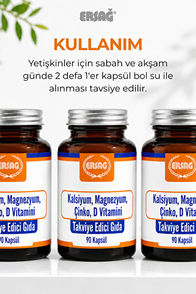 Ersağ Kalsiyum Magnezyum Çinko D Vitamini Takviye Edici Gıda 90 Kapsül