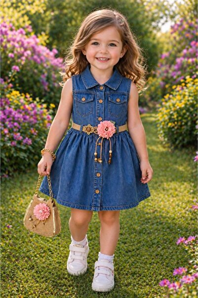 KOZADANKIDS KIZ ÇOCUK KOT ELBİSE HASIR KEMERLİ ÇİÇEK DETAYLI YAZLIK ELBİSE ÇA...