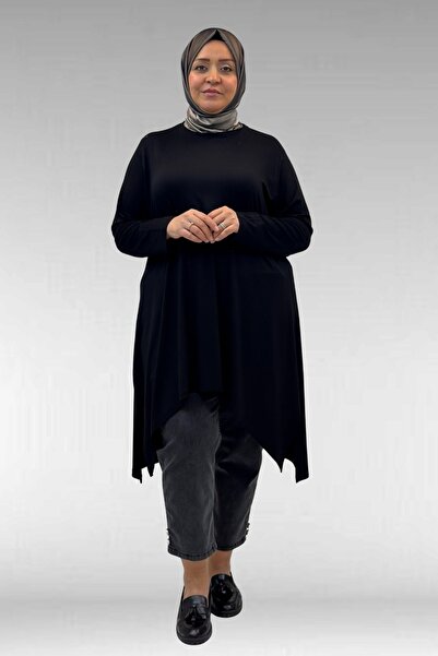 58070 Plus Size Asymmetrical Combed Cotton Tunic - Black