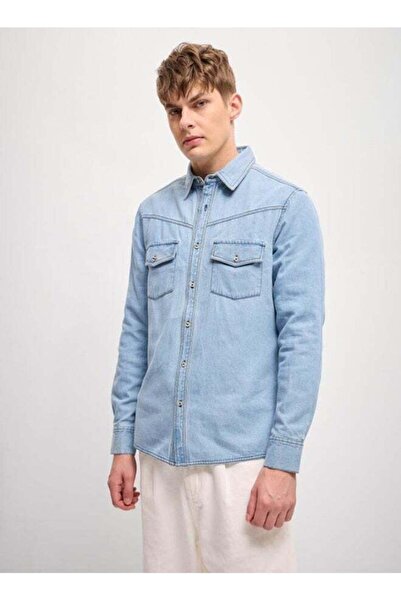 The Bear House Men's Classic Light Blue Solid Relax Fit Denim Overshirt for E...