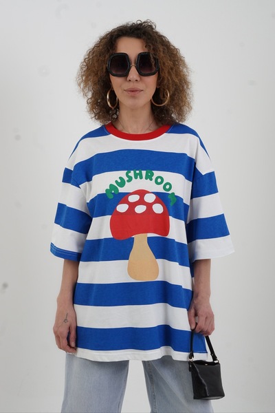 Zelish My Sister Tricou oversize cu imprimeu ciuperci și dungi albastre