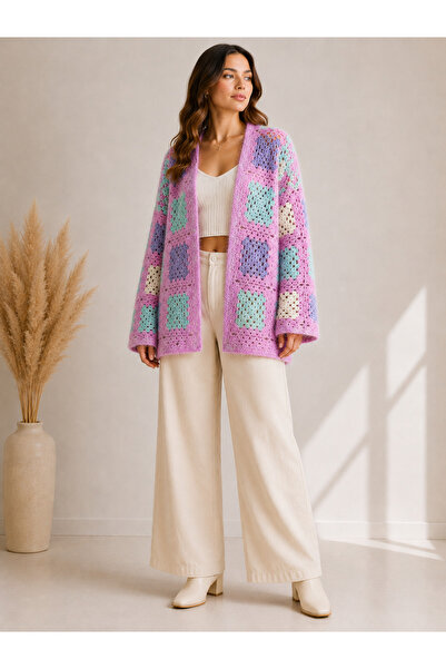 BY AKTEPE STORE Lila Granny Square Hand Knitted Cardigan – Soft Textured Bohe...
