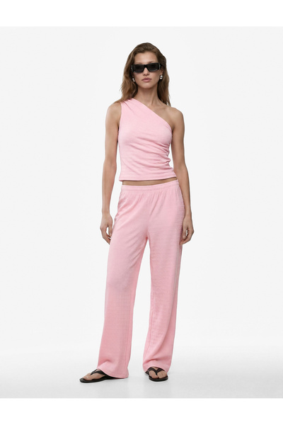 Koton Bürümcük Fabric Textured Flat Wide-Leg Trousers with Elastic Waistband