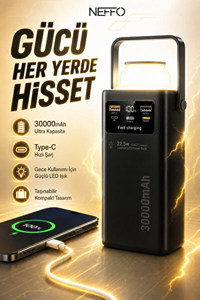 NEFFO 30.000 mAh LED Işıklı 22.5 Hızlı Şarj Powerbank – USB-C & Çoklu Cihaz D...