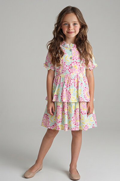 Kidyra Girl's Pink Yellow Floral Patterned Ruffle Detailed Layered Short Slee...