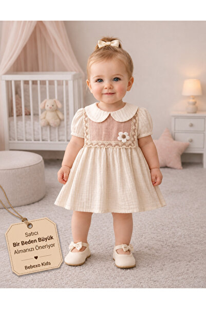 BEBEXO KIDS Kız Bebek Müslin Kumaş Papatya Nakış Detaylı Yazlık Elbise |9-12-...