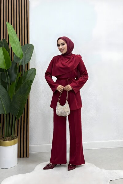 Burgundy Scuba Fabric Degage Collar Belted Hijab Double Set