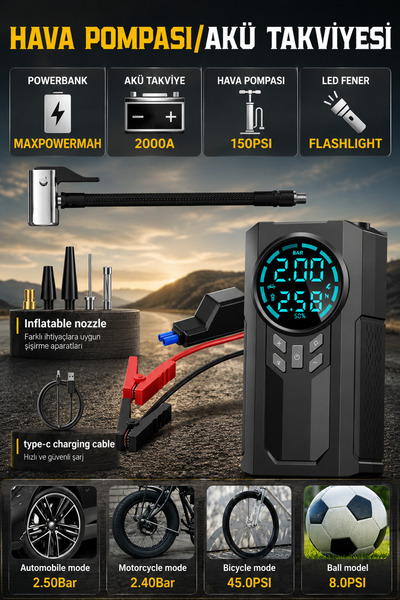 Janva D8H Plus 4in1 Akü Takviye+Hava Pompası+LED Fener+Powerbank