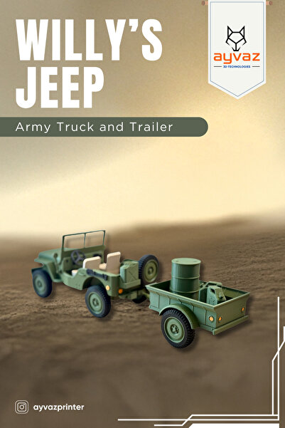 ayvazprinter WILLY'S JEEP 1/35 Ölçek, 4,5x9,6x4,3 cm Boyutlu, Hareketli Teker...
