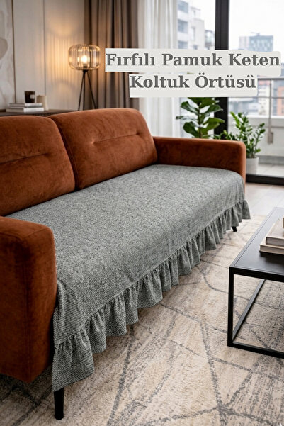 KAMİZ Fırfırlı Koltuk Örtüsü Bohem Pamuk Keten | Kaymaz, Yıkanabilir, Modern Şık Tasarım Antrasit
