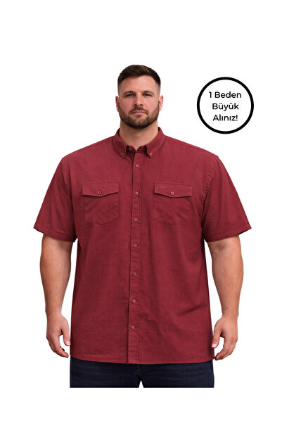 BattalModa Erkek Büyük Beden Bordo Çift Cepli Kısa Kollu Gömlek 3XL-4XL-5XL-6...