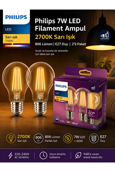 Aryes Filament LED Ampul 7W 2700K Sarı Işık 806 Lümen E27 2’li