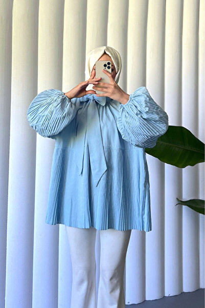 HİJABAYA Yakası Bağcıklı Kolları Ve Eteği Pliseli Tunik