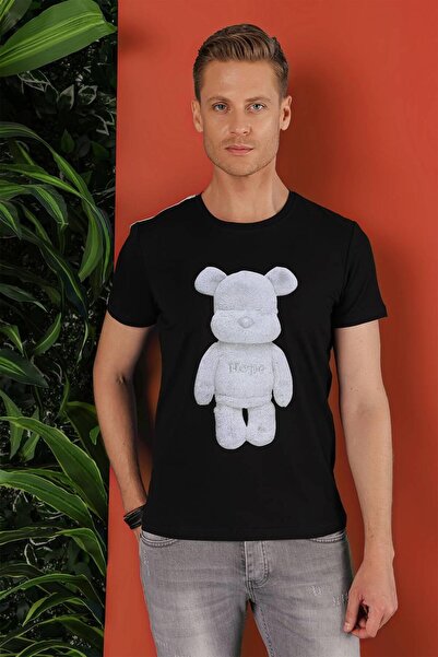 Efor Slim Fit Bisiklet Yaka Ayıcık Baskılı Pamuklu Siyah Tişört TS 855