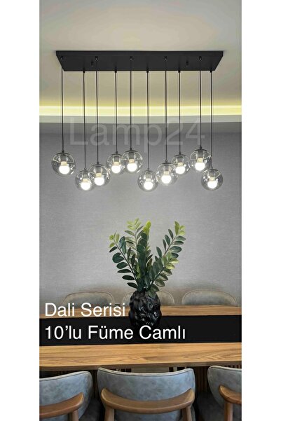 Lamp24 Dali Serisi 10’lu Füme Glop Camlı Yemek Masası Avizesi