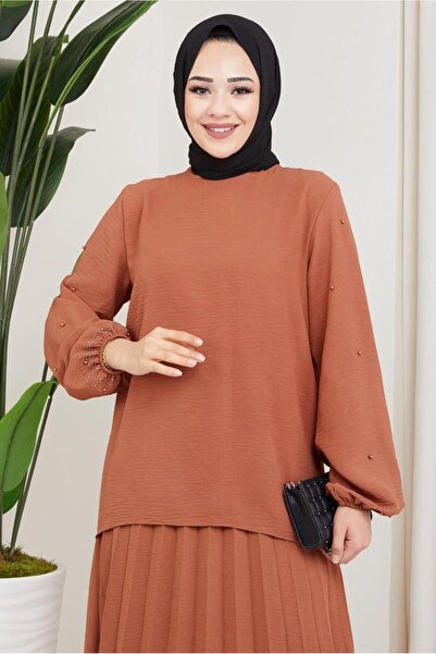 TRENDTESETTÜR KADIN KAHVE (KİREMİT) KOLU BONCUKLU ETEKLİ TAKIM T 3013