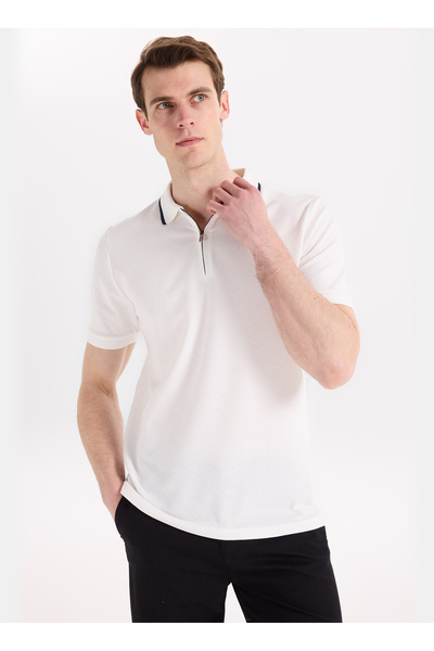 Fabrika Beyaz Erkek Slim Fit Jakarlı Polo T-Shirt F6SM-TST 2057