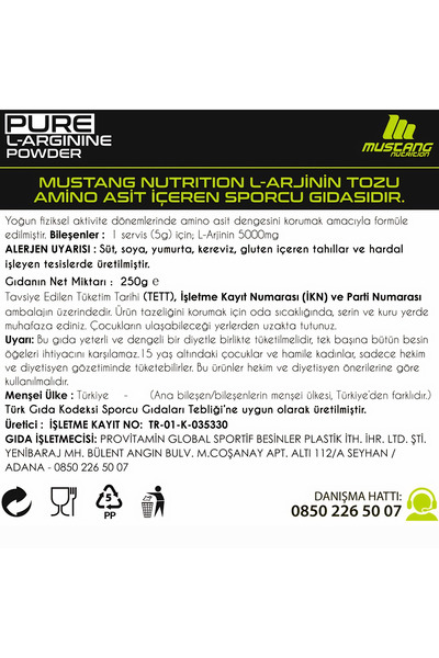 Mustang Nutrition Core+ Pure L-Arginine Powder 250 Gr L-Arginine 50 Servings + Shaker + Protein Coffee Gift