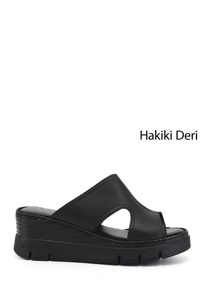 GÖNDERİ(R) Kadın Siyah Dolgu Topuklu Hakiki Deri Terlik