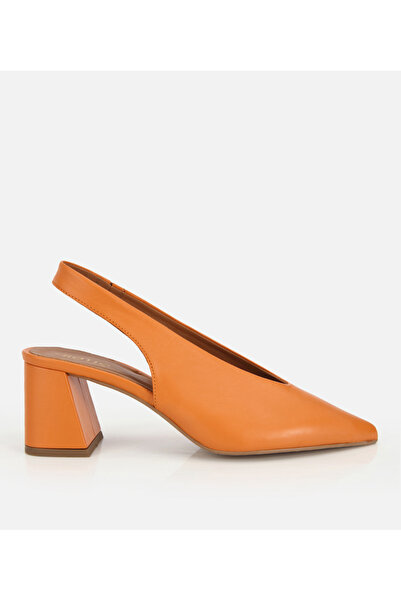 Hotiç Women's Leather Orange Open-Back Shoes with Block Heel Straps