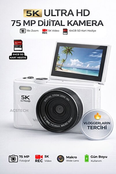ACSTECH 5K Dijital Fotoğraf Makinesi Flaşlı 75MP Flip Ekran 18X Zoom 64GB Kar...